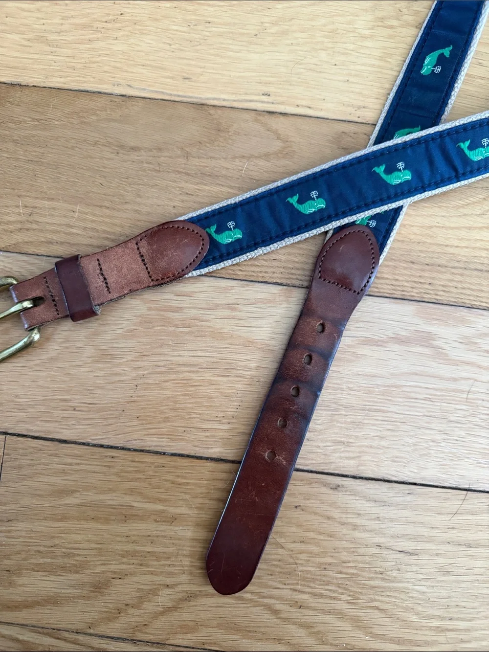 Classic Navy Embroidered Whale Webbing Belt trim leather - Men size 36
